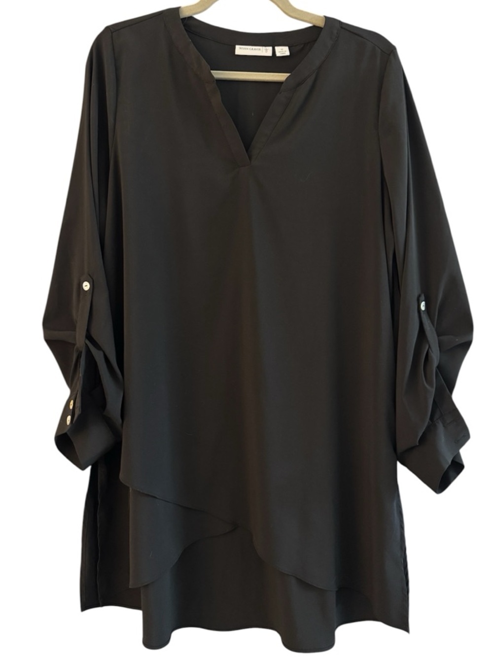 Susan Graver Women's Black Tunic Top with Roll-Tab Sleeves 12